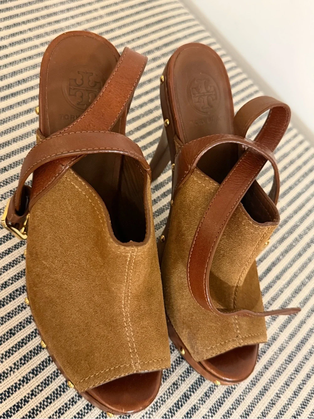 Tory Burch Brown Suede & Leather High Heel Clog Mules